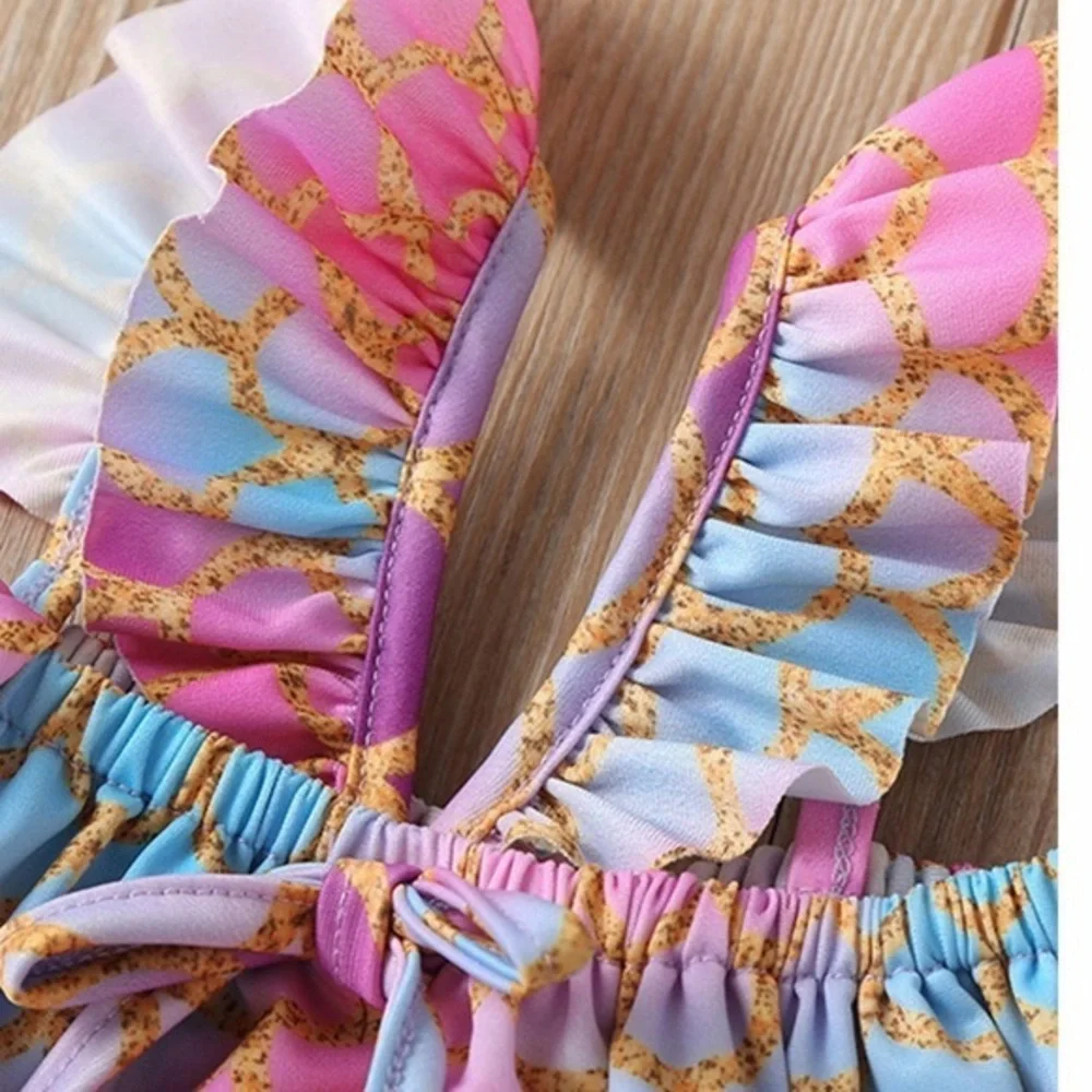 NWT Girls Mermaid Bikini Set Ruffle Tiered‎ Top and Bottoms 2 PCs Swimsu…